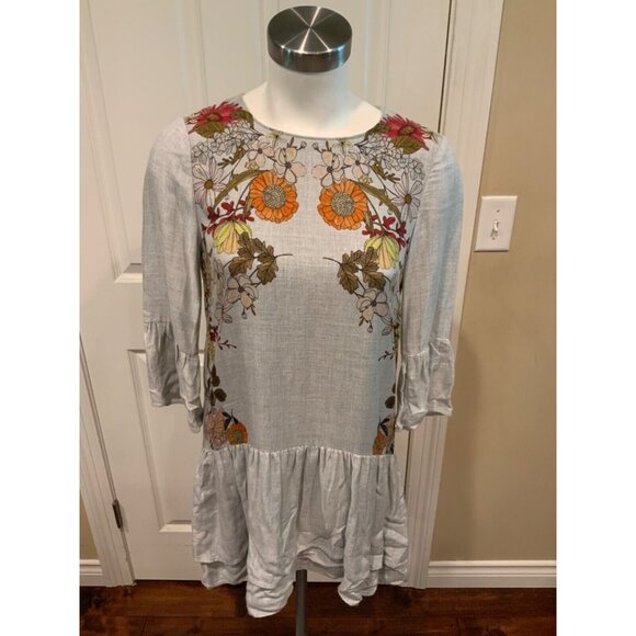 Zara Trafaluc Gray Floral Long Sleeve Mini Dress, Size XS - Picture 1 of 6